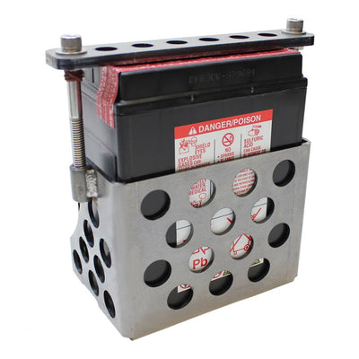 A TC Bros. metal battery holder with compartments specifically designed for TC Bros Holey Battery Box for YTX14AH or 12N14 Series batteries.