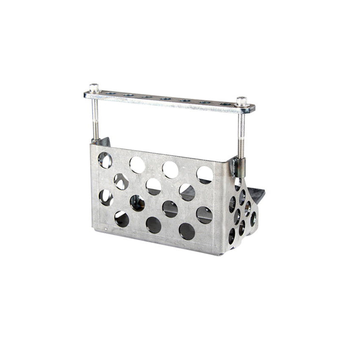A TC Bros Holey Battery Box for 1981-03 Sportster YTX20 or YB16 Series, a metal holder with dimensions and holes on it.