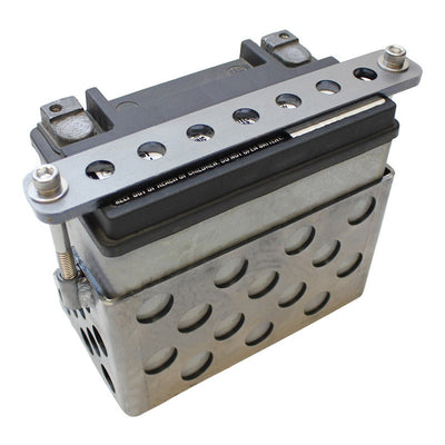 A TC Bros Holey Battery Box for 1981-03 Sportster YTX20 or YB16 Series with dimensions.