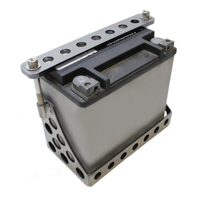 A TC Bros Holey Battery Box for 1981-03 Sportster YTX20 or YB16 Series on a white background with dimensions.