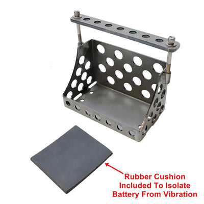 A TC Bros Holey Battery Box for 1981-03 Sportster YTX20 or YB16 Series with a rubber cushion included for vibration protection.