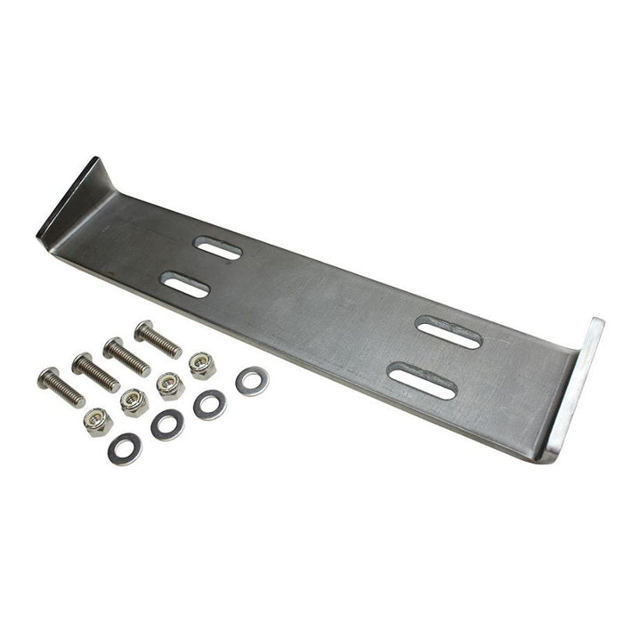 The TC Bros. Battery Box Mounting Kit for Sportster Hardtail includes a metal bracket with four slotted holes, plus bolts, nuts, and washers—perfect for securely mounting a battery box. All parts are displayed on a white background.