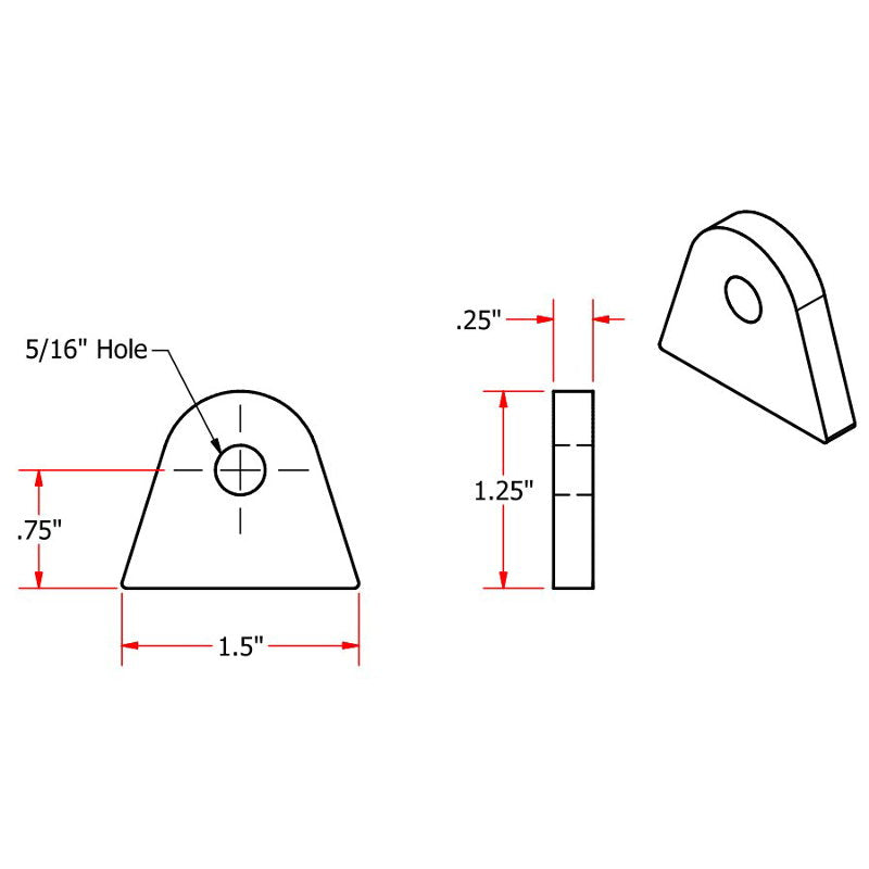 A drawing showing the dimensions of a metal bracket, Weld On Steel Mounting Tabs Style 1 by TC Bros, for rigid frame applications, featuring welding and threaded hole details.
