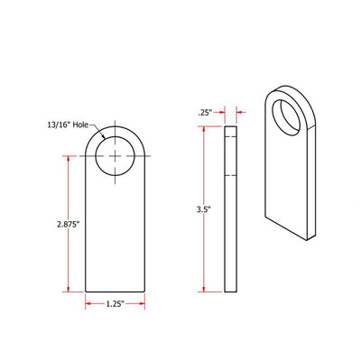 A drawing showing the dimensions of a universal fit door handle, with Heavy Duty Rubber Mounting Straight Tab by TC Bros. tabs.