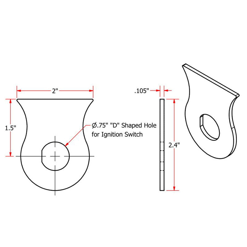 A diagram showing the dimensions of a Weld On 3/4 Ignition Switch Mounting Tab by TC Bros hook with mounting tabs.