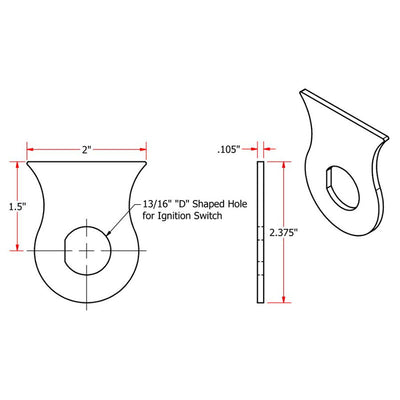 A drawing showing the dimensions of a Weld On 13/16 Ignition Switch Mounting Tab by TC Bros.