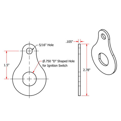 A diagram showing the dimensions of an installation hole for a Bolt On 3/4 Ignition Switch Mounting Tab by TC Bros.