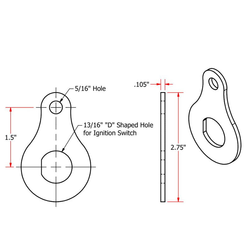 A drawing showing the dimensions of a Bolt On 13/16 Ignition Switch Mounting Tab by TC Bros. metal hook for installation.