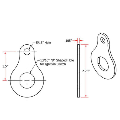 A drawing showing the dimensions of a Bolt On 13/16 Ignition Switch Mounting Tab by TC Bros. metal hook for installation.