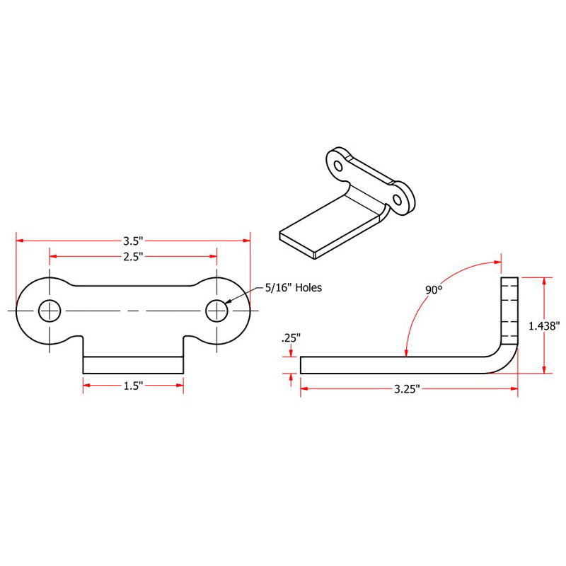 A drawing showing the dimensions of a Weld On Rear Fender Mount for Bobbers & Choppers by TC Bros. metal bracket for easy welding.