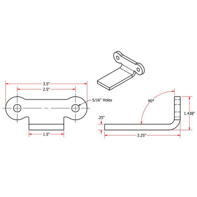 A drawing showing the dimensions of a Weld On Rear Fender Mount for Bobbers & Choppers by TC Bros. metal bracket for easy welding.