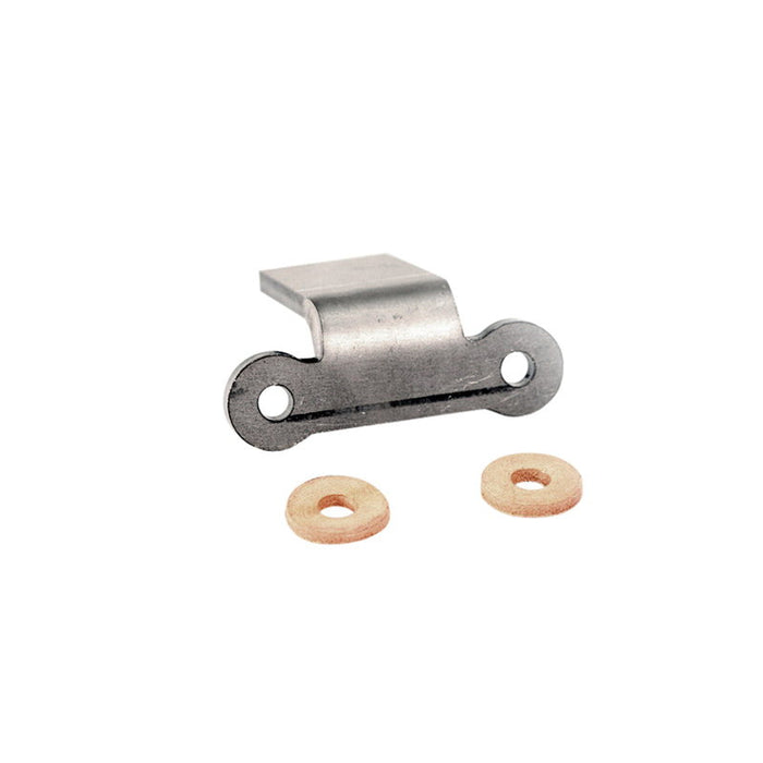 The TC Bros. Rear Fender Mount by TC Bros. is a metal bracket with two holes, designed for motorcycle hardtail use. Shown on a white background with two small circular washers in front.