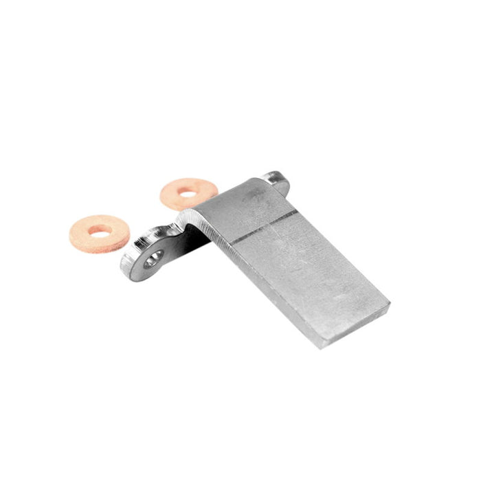 The TC Bros. Rear Fender Mount by TC Bros. is a metal bracket with two holes, designed for motorcycle hardtail use. Shown on a white background with two small circular washers in front.