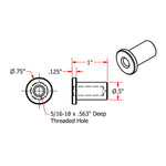 A diagram showing the dimensions of TC Bros.' Tophat Style Blind Threaded 5/16-18 Steel Bungs for mounts or bungs.