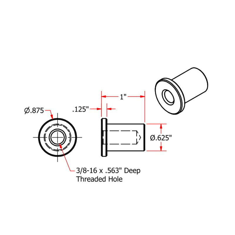 A diagram showing the dimensions of TC Bros' Tophat Style Blind Threaded 3/8-16 Steel Bungs hole.