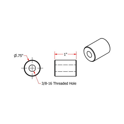 A diagram illustrating the dimensions of a threaded cylinder featuring Steel Bungs 3/8-16 Threaded 1 inch Long by TC Bros.