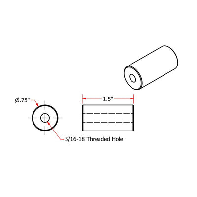 A drawing of a threaded hole designed for a bike mount, made from TC Bros Steel Bungs 5/16-18 Threaded 1-1/2 inch Long and incorporating TC Bros threaded bungs.