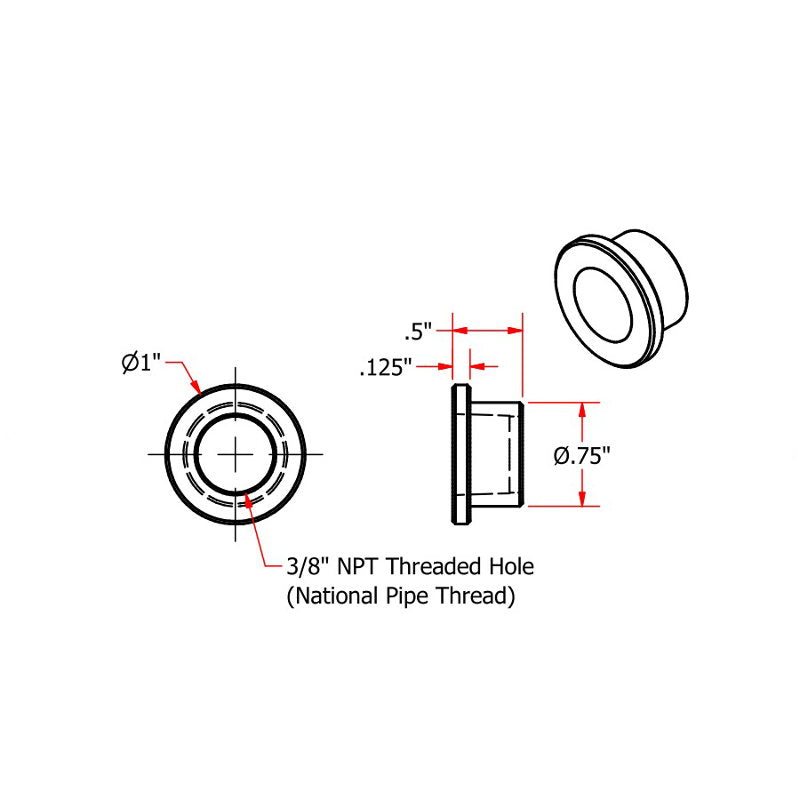 A diagram showing the dimensions of TC Bros. 3/8 NPT Steel Weld In Petcock Bungs threaded pipe.