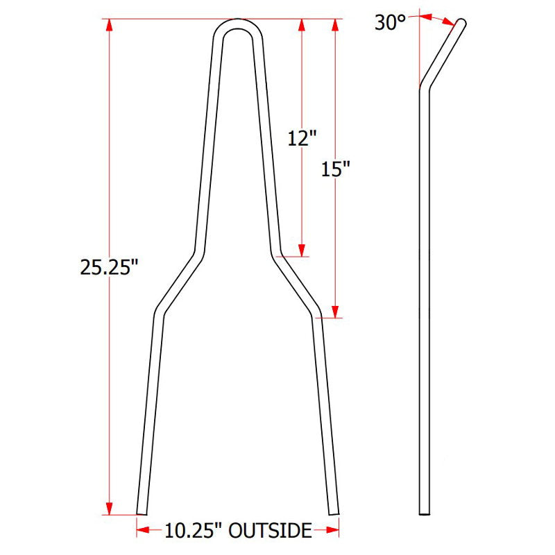 A diagram showing the installation measurements of a TC Bros. Kickback DIY Sissy Bar Kit.
