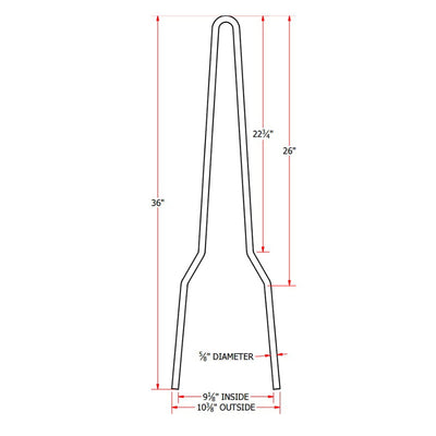 A diagram showing the measurements of a TC Bros. Tall DIY Sissy Bar Kit with axle plate mounting tabs.