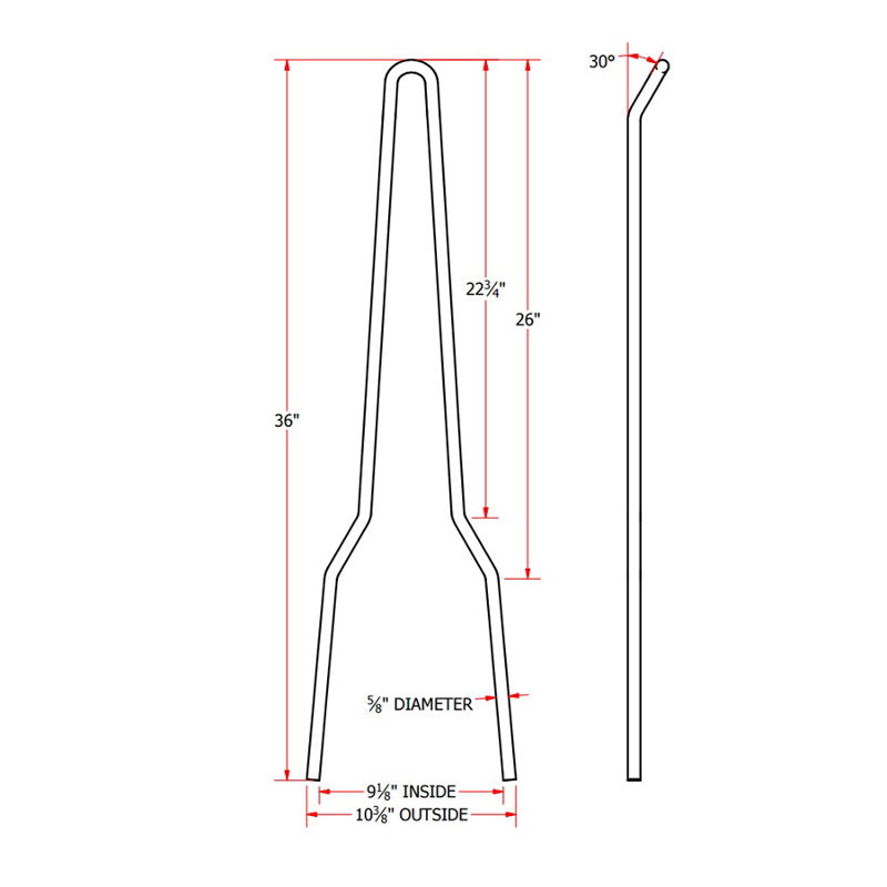 A diagram showing the measurements of a TC Bros. Tall Kickback DIY Sissy Bar Kit spoon kit.