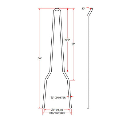 A diagram showing the measurements of a TC Bros. Tall Kickback DIY Sissy Bar Kit spoon kit.