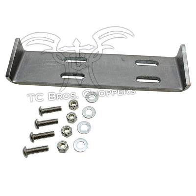 A TC Bros Battery Box Mounting Kit for Stock Tire '82-'03 Sportster Hardtail, with a weld-on design, accompanied by an assortment of nuts and bolts.