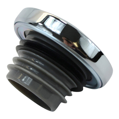 An image of a chrome-plated steel shower hose with a Moto Iron® Screw in Gas Cap fitment and vented gas cap.
