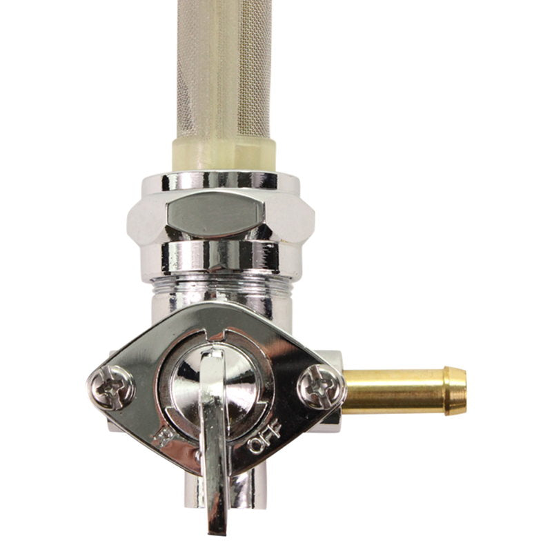 A Moto Iron® 13/16" Female Fuel Valve Petcock 90 Degree with a brass hose attached.