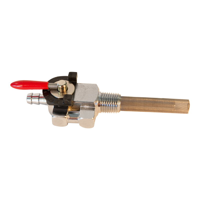 A stainless steel Moto Iron® 1/4" NPT Male Fuel Valve Petcock with a red handle on a white background.