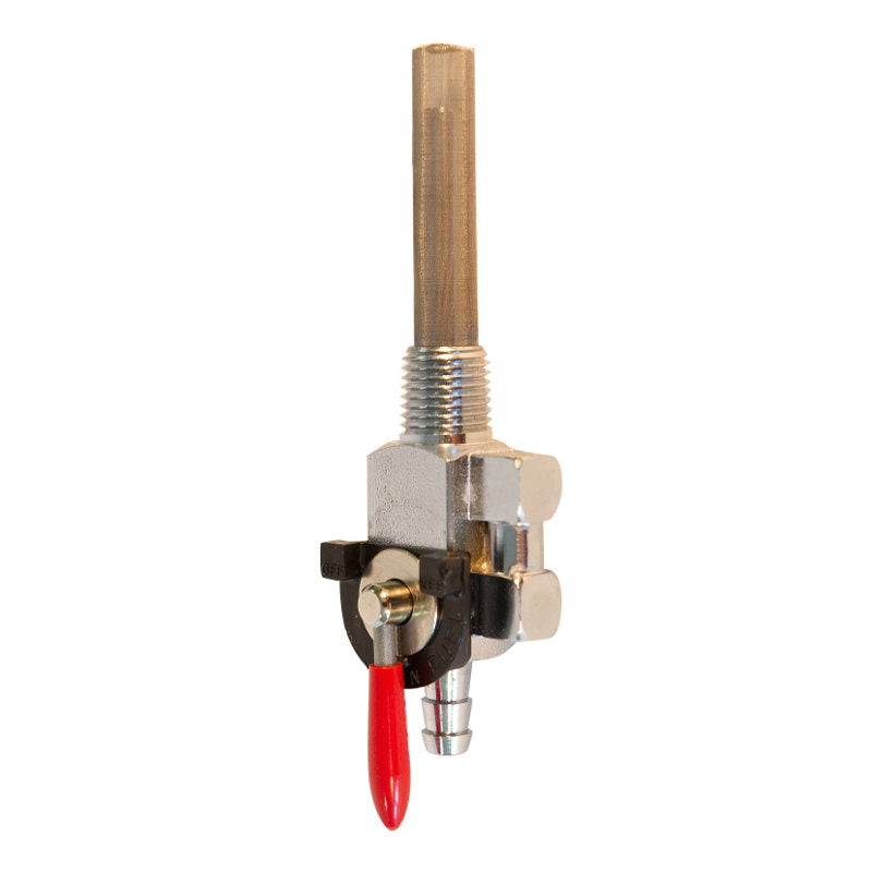 A Moto Iron® 1/4" NPT Male Fuel Valve Petcock with a red handle on it, featuring a stainless steel fuel filter screen.