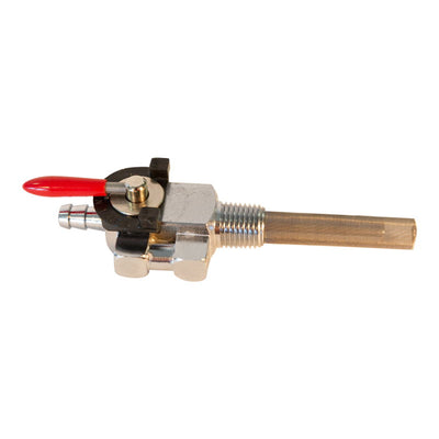 A stainless steel Moto Iron® 1/4" NPT Male Fuel Valve Petcock with a red handle on a white background.