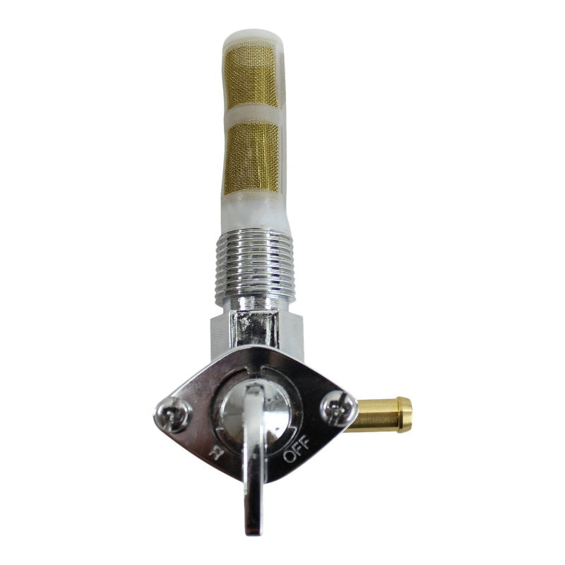 A white and gold Moto Iron® valve with a 3/8 NPT Male Fuel Valve Petcock 90 Degree on a white background.