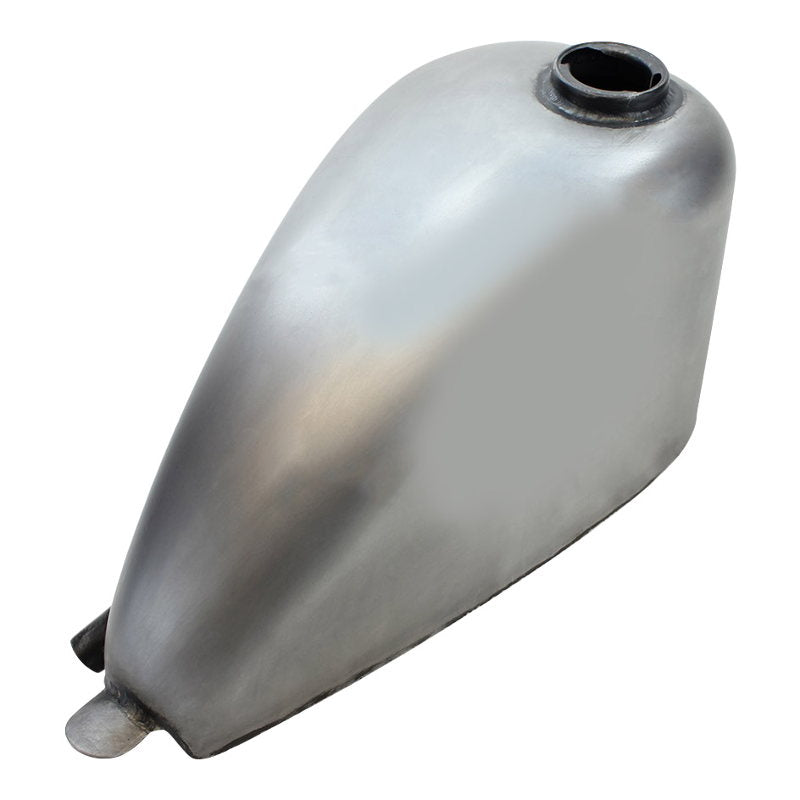 A silver Moto Iron® 2.1gal Narrow Sportster Frisco Style Bobber Gas Tank on a white background.