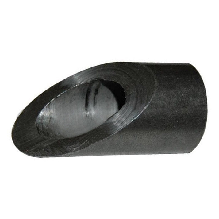 A Moto Iron® 1/4" NPT Angled Petcock Bung 1018 mild steel piece with a hole in it.