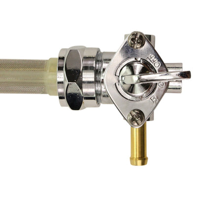 A valve with a brass handle and a Moto Iron® branded Left Side Spigot 13/16" Female Fuel Valve Petcock.