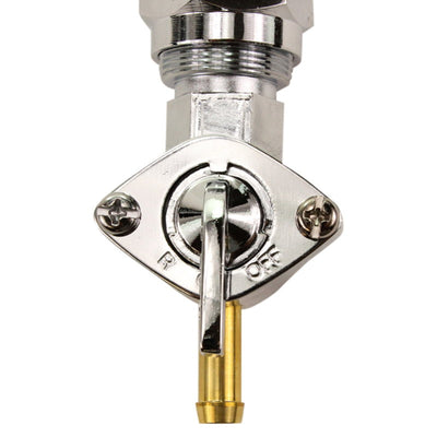 A Moto Iron® straight spigot 13/16" female fuel valve petcock with a brass handle for Harley or aftermarket chopper gas tanks, providing high fuel flow.