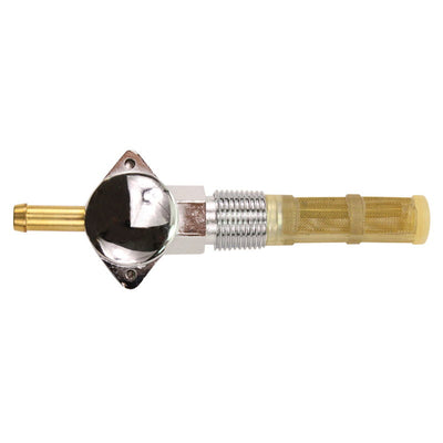 A Moto Iron® Straight Spigot 3/8" NPT Male Fuel Valve Petcock with a show chrome finish and a gold handle.