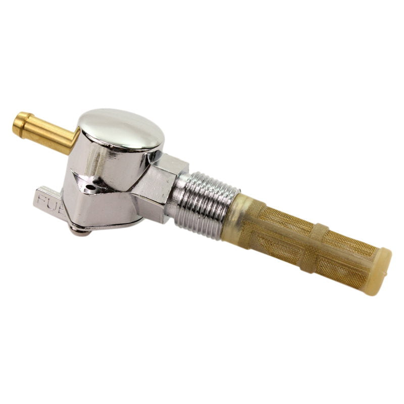 A Moto Iron® Straight Spigot 3/8" NPT Male Fuel Valve Petcock with a chrome straight outlet on a white background.