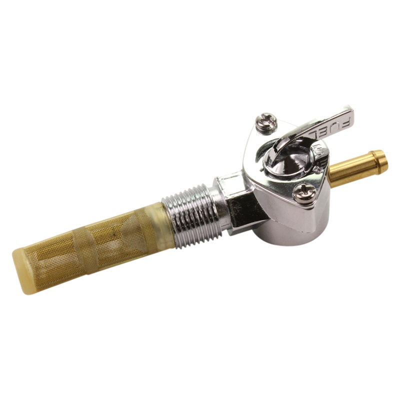 A Moto Iron® Straight Spigot 3/8" NPT Male Fuel Valve Petcock with a wooden handle on a white background, featuring a show chrome finish.