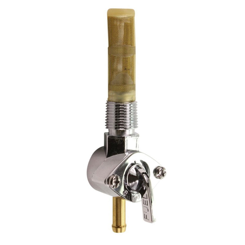 A Moto Iron® Straight Spigot 3/8" NPT Male Fuel Valve Petcock with a wooden handle and a show chrome finish on a white background.