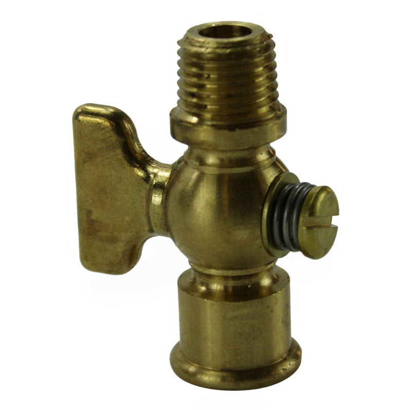 A Moto Iron® 1/4" Brass Petcock with T Handle NPT Male x NPT Female valve, perfect for installation, on a white background.