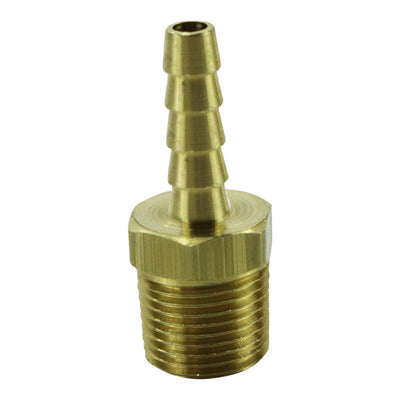 A 1/4" Hose Barb x 3/8" NPT Brass (sold each) fitting with a threaded end from Moto Iron® brand.