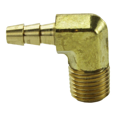 A 1/4" Hose Barb 90 Degree Elbow 1/4" NPT Brass (sold each) with a threaded end, Moto Iron®.
