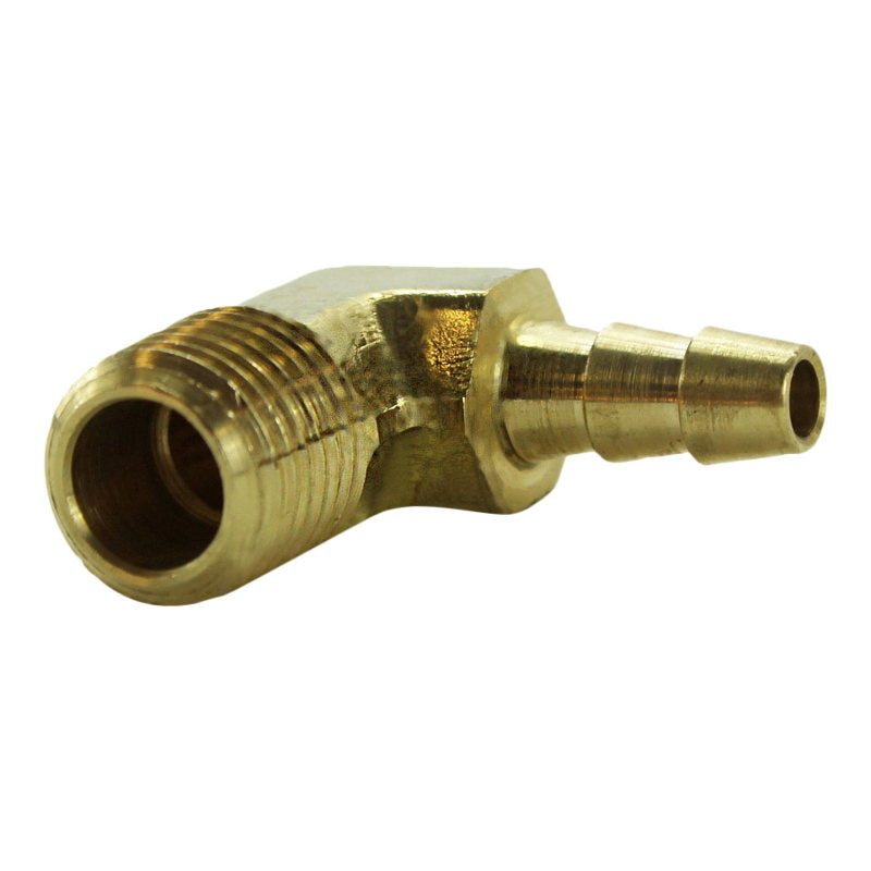 A Moto Iron® 1/4" Hose Barb 90 Degree Elbow 1/4" NPT Brass fitting with a threaded end.