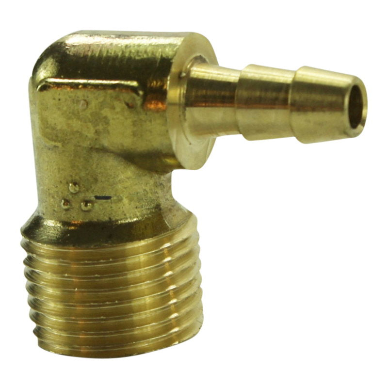 A 1/4" Hose Barb 90 Degree Elbow 3/8" NPT Brass (sold each) fitting with Moto Iron® threads and a threaded end.
