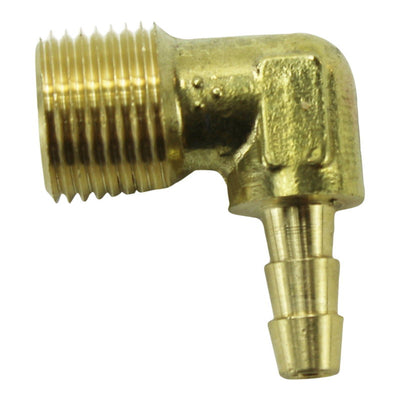A Moto Iron® 1/4" Hose Barb 90 Degree Elbow 3/8" NPT Brass fitting with NPT threads and a threaded end.