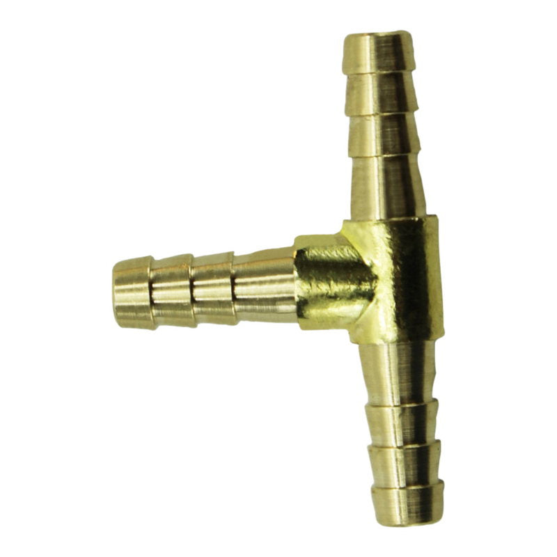 A Moto Iron® 1/4" Hose Barb Tee Brass (sold each) fitting for 1/4" ID hose on a white background.