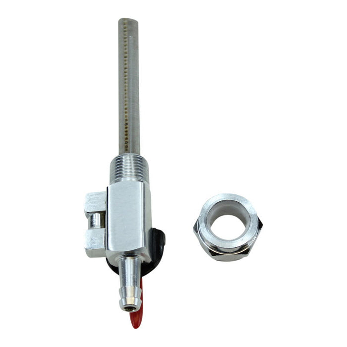 An Accel stainless steel nut and bolt with an Accel High Flow Straight Spigot Petcock Fits 3/8" NPT and 22mm Tank Bungs fuel valve on it.