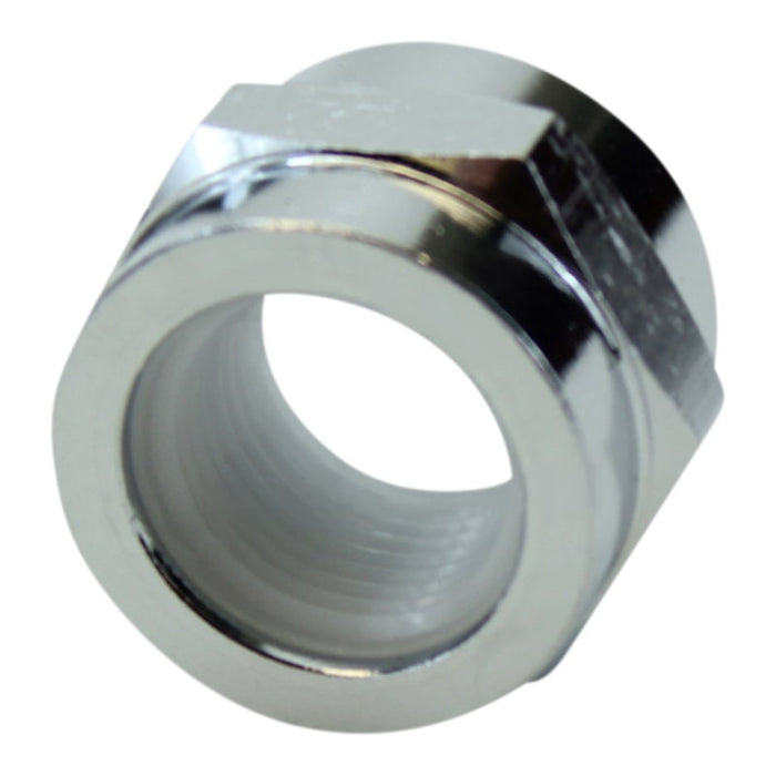 An Accel stainless steel threaded nut on a white background.